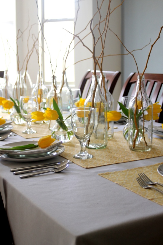 Flower bouquets punctuating the table