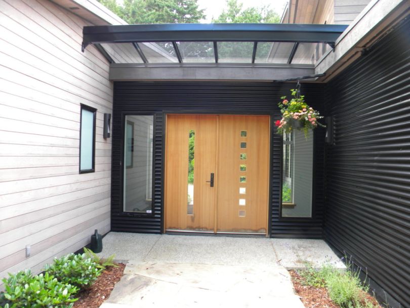 Wood and Glass Front Door with Glass Canopy