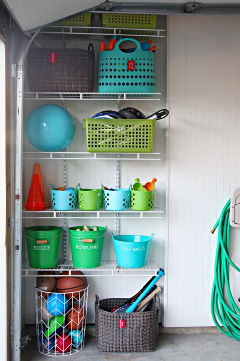 Open Shelves With Bright Buckets