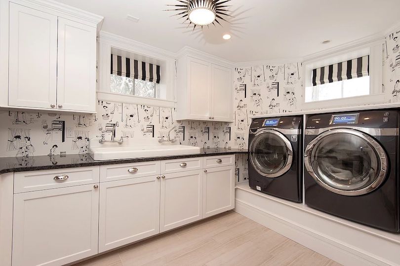 Stunning Wallpaper in a Black and White Laundry Room