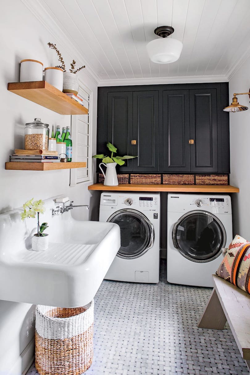 Narrow Laundry Room With Patterned Flooring