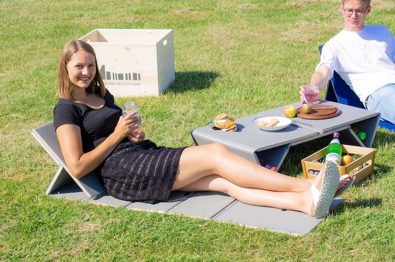 Threefold Mat Turns into Stool, Longer or Coffee Table for Outdoor Comfort