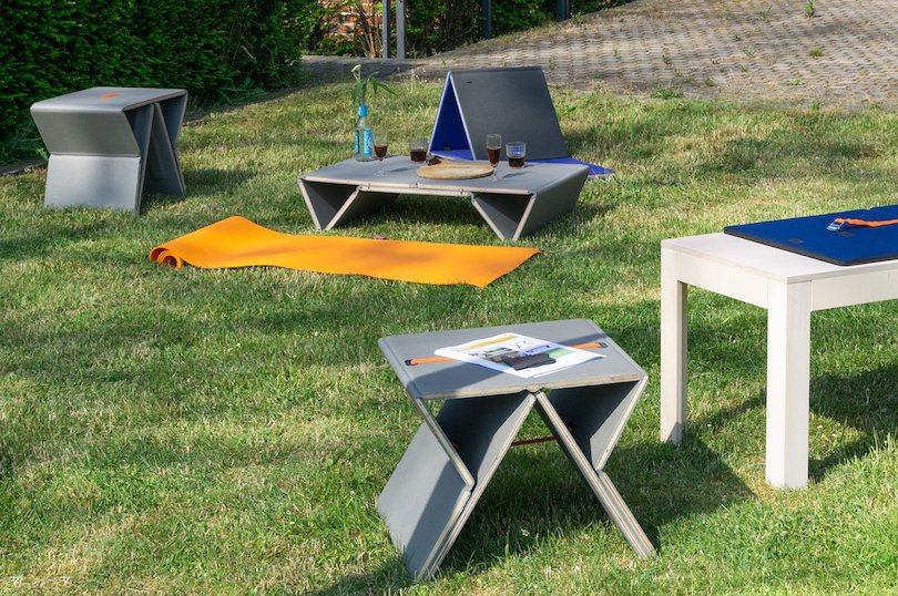 Threefold Mat Turns into Stool, Longer or Coffee Table for Outdoor Comfort