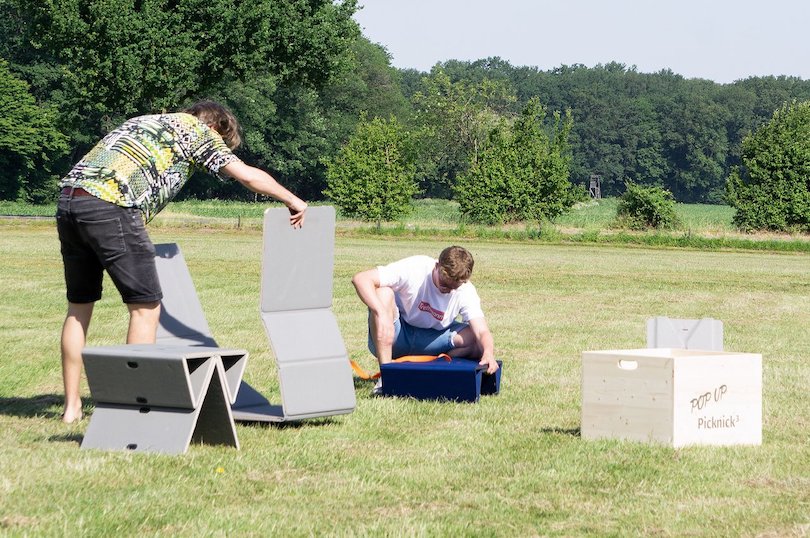 Threefold Mat Turns into Stool, Longer or Coffee Table for Outdoor Comfort