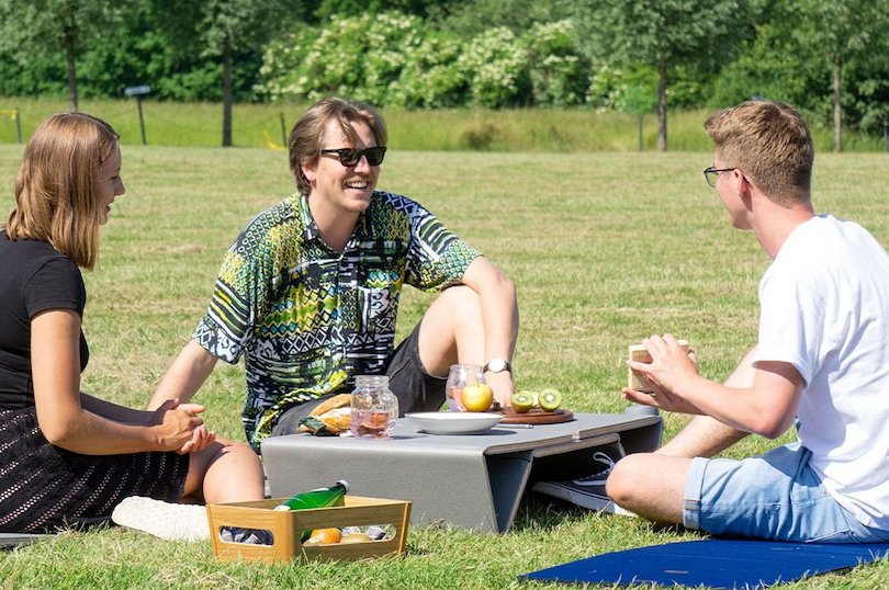 Threefold Mat Turns into Stool, Longer or Coffee Table for Outdoor Comfort