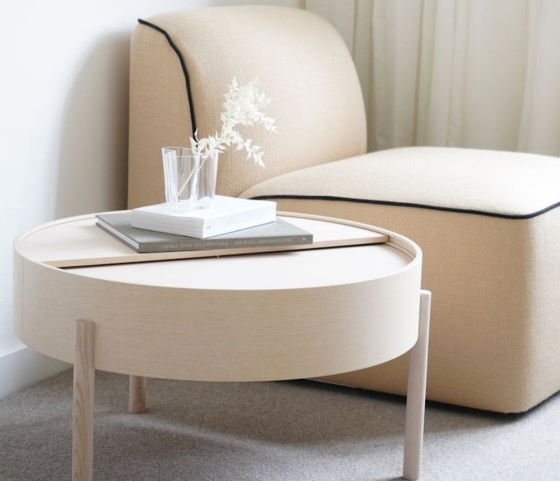 Woud Arc Table Keeps Clutter at Bay Under Its Rotating Tabletop