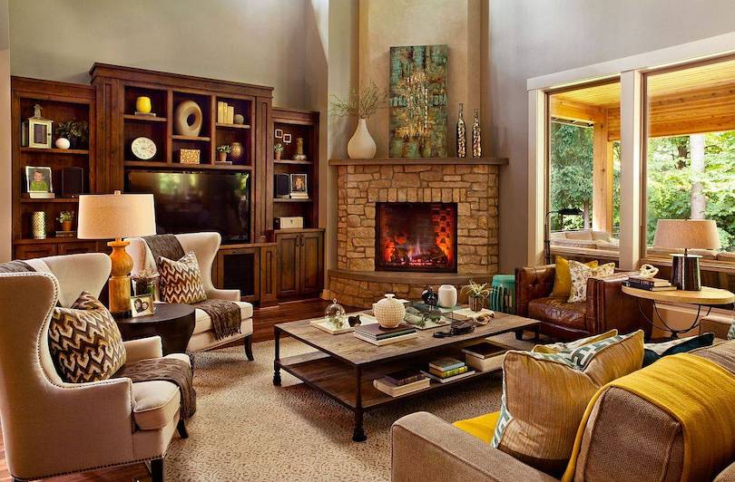 Small square room - A rectangle and circle Layout With Corner Fireplace