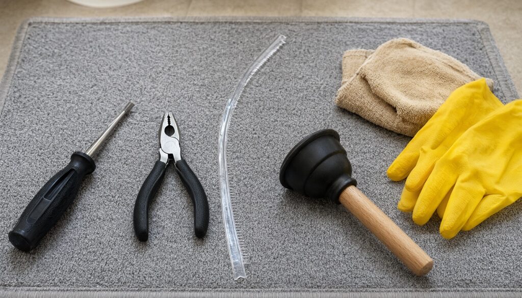 Tub drain clearing tools: screwdriver, needle-nose pliers, plastic barbed drain strip, cup plunger, rag and rubber gloves