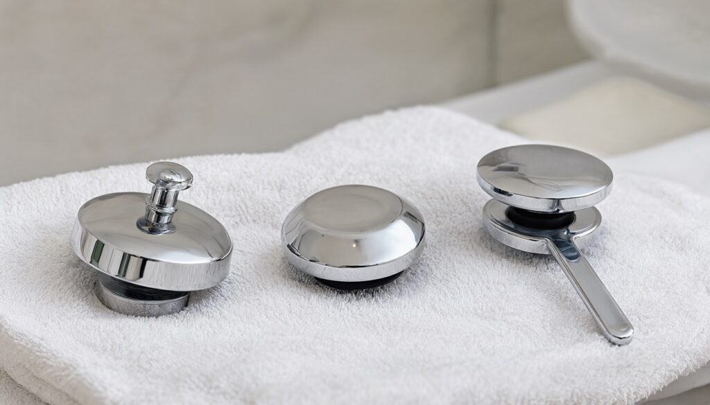 Three common bathtub stoppers: lift-and-turn, toe-touch and a pop-up stopper with its rocker arm