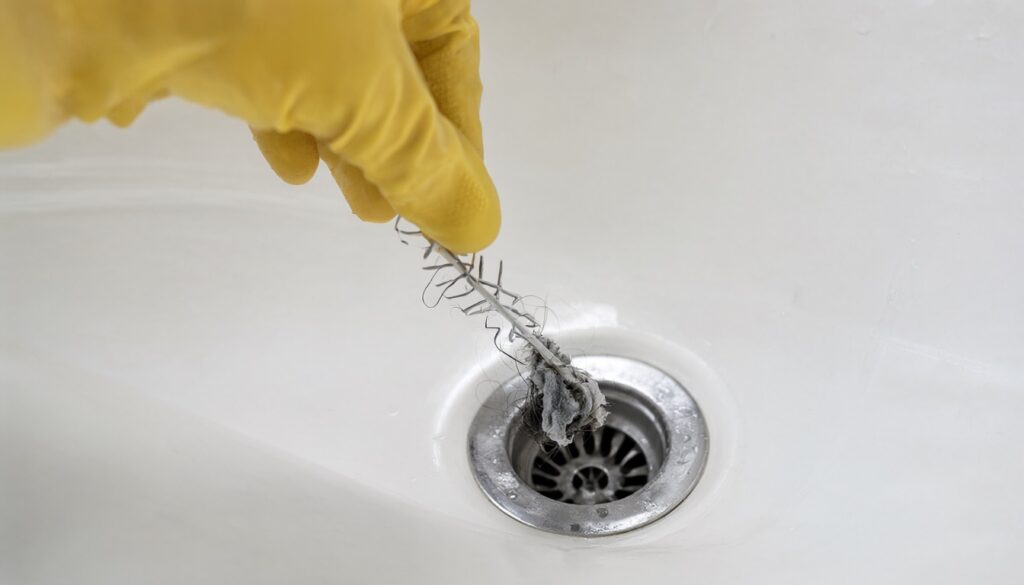 Gloved hand pulling a plastic barbed drain strip out of a bathtub drain with a clump of hair on the barbs