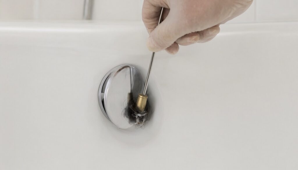 Trip-lever overflow plate and linkage pulled out of a tub, the brass plunger wrapped in hair and soap scum
