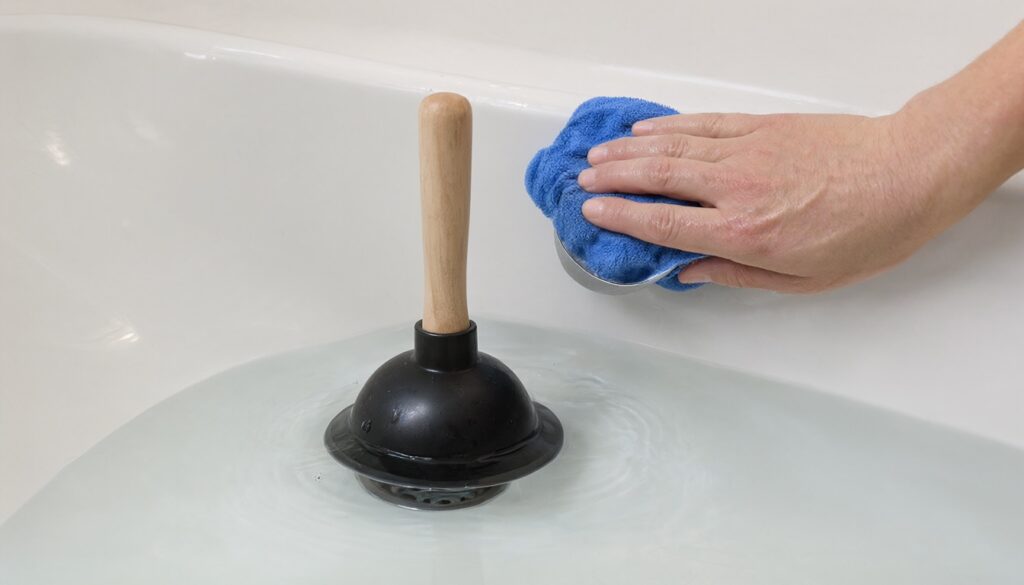 Wet washcloth pressed over a tub overflow opening while a cup plunger sits on the drain in shallow water