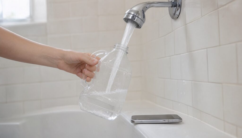 One-gallon jug held under a running showerhead to measure the flow rate