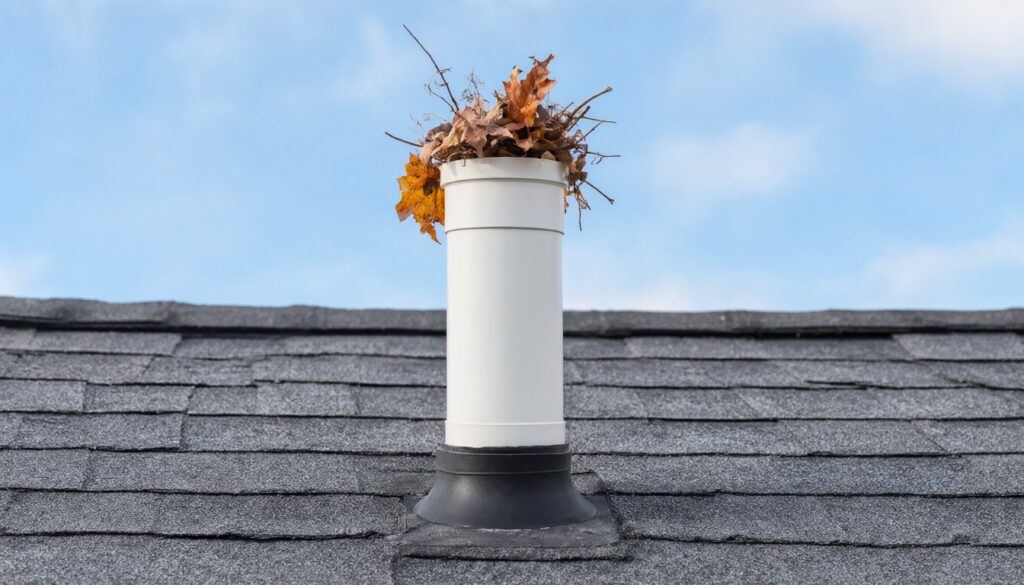 Plumbing vent pipe on a shingle roof with dry leaves caught in the opening