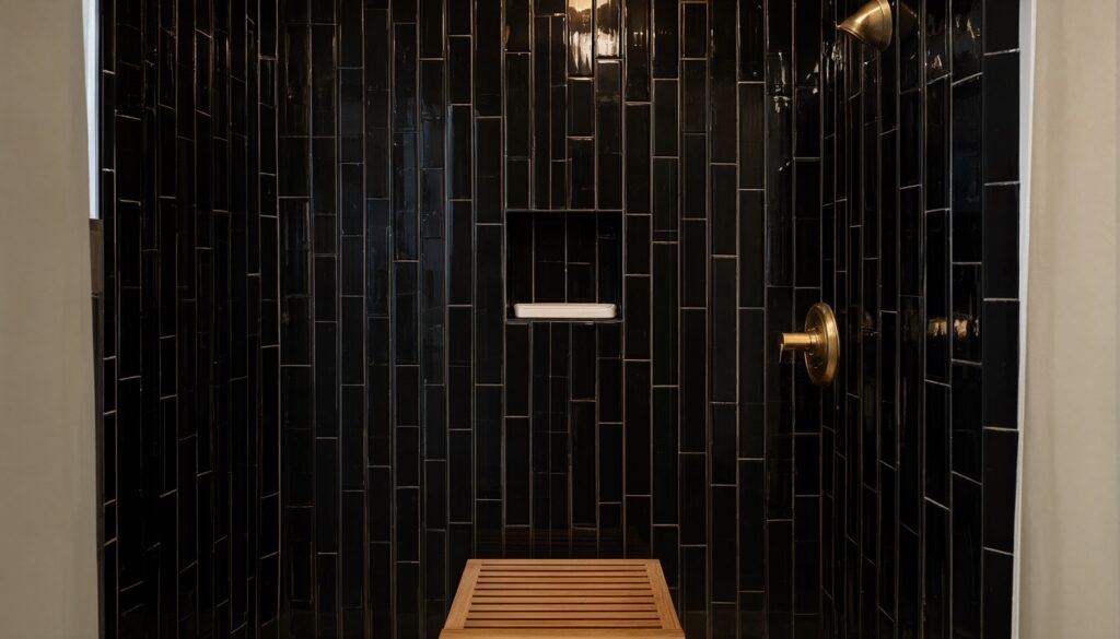 Shower wall in glossy black vertical tiles with light gray grout, a teak bench and brass fixtures