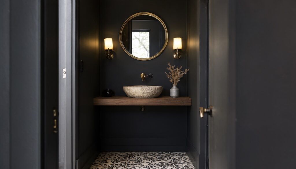 Small powder room with matte black walls, round brass mirror, stone vessel sink and warm sconces