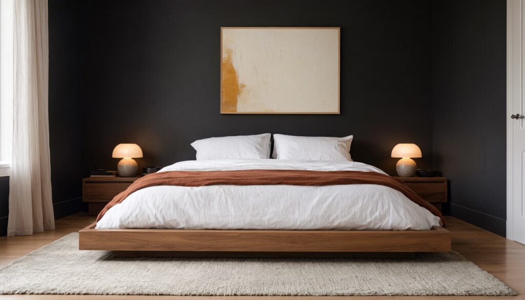 Bedroom with a matte black wall behind a walnut bed, white linen bedding and warm ceramic lamps