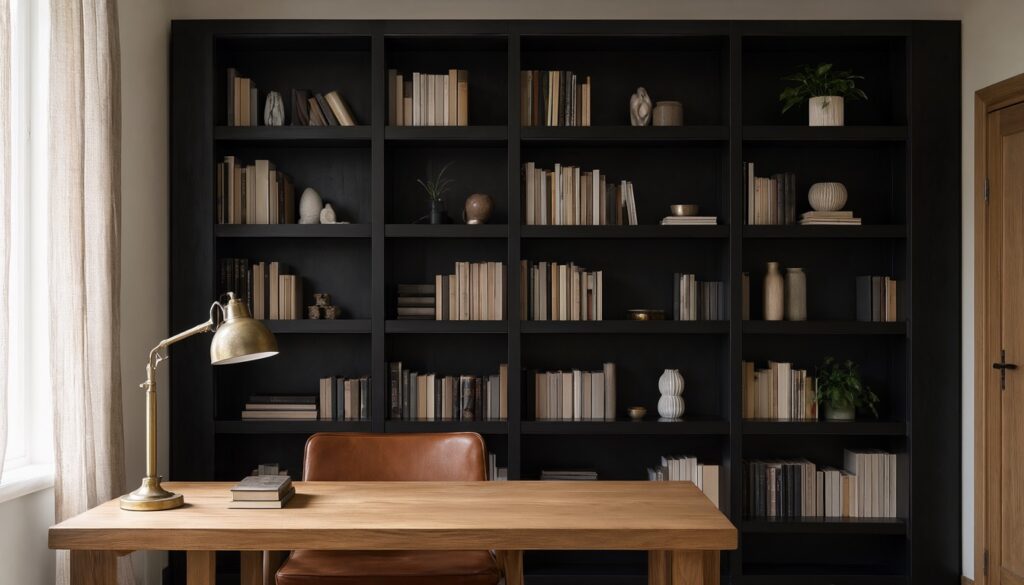 Home office with satin black built-in bookshelves, an oak desk, brass desk lamp and leather chair