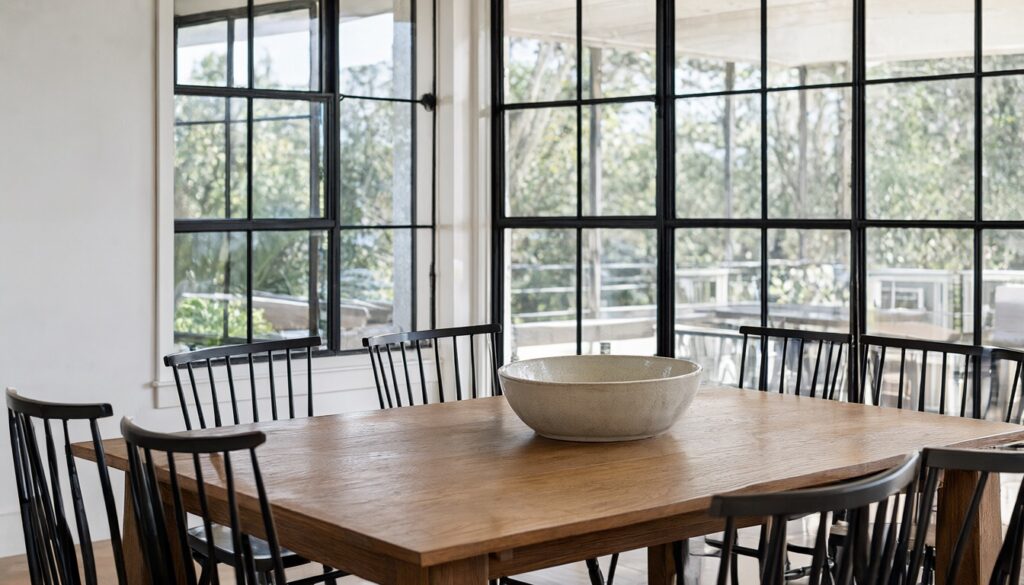 White dining room with large black grid-pane window frames, an oak table and black spindle chairs