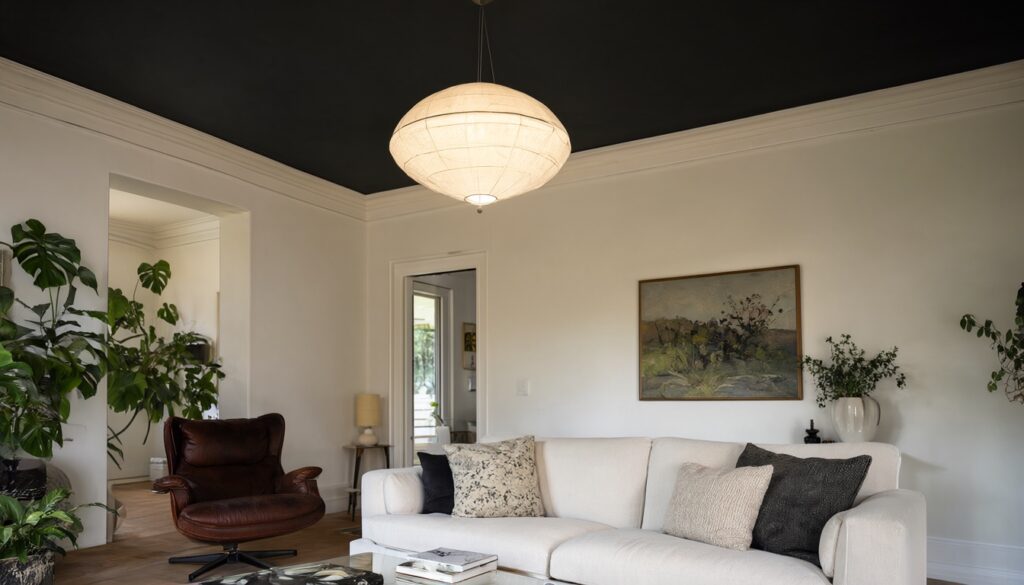 Living room with a matte black ceiling, white walls, glowing paper globe pendant and cream sofa