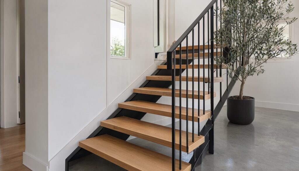 Modern staircase with black steel stringers, slim black railing and light oak treads by a white wall