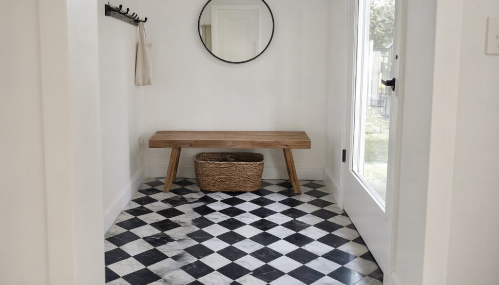 Entryway with a diagonal black and white checkerboard floor, oak bench and round black-framed mirror
