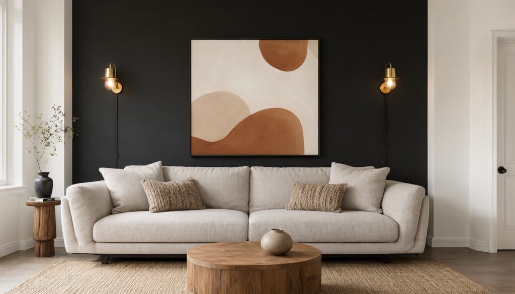 Matte black accent wall behind an oatmeal linen sofa with brass sconces and abstract art