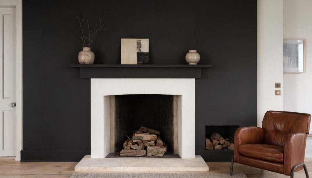 Black-painted fireplace wall with a white plaster surround, limestone hearth and styled mantel