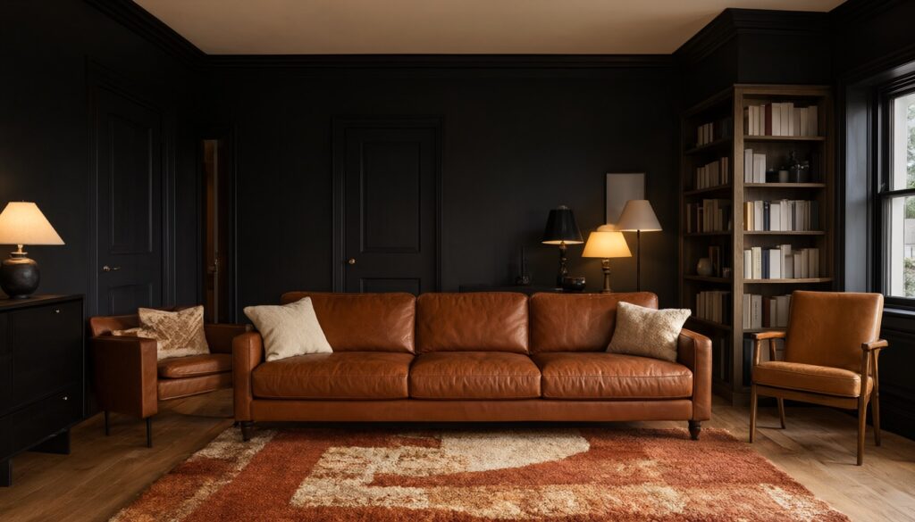 Living room drenched in soft black on walls, ceiling and trim with a cognac leather sofa and warm lamplight
