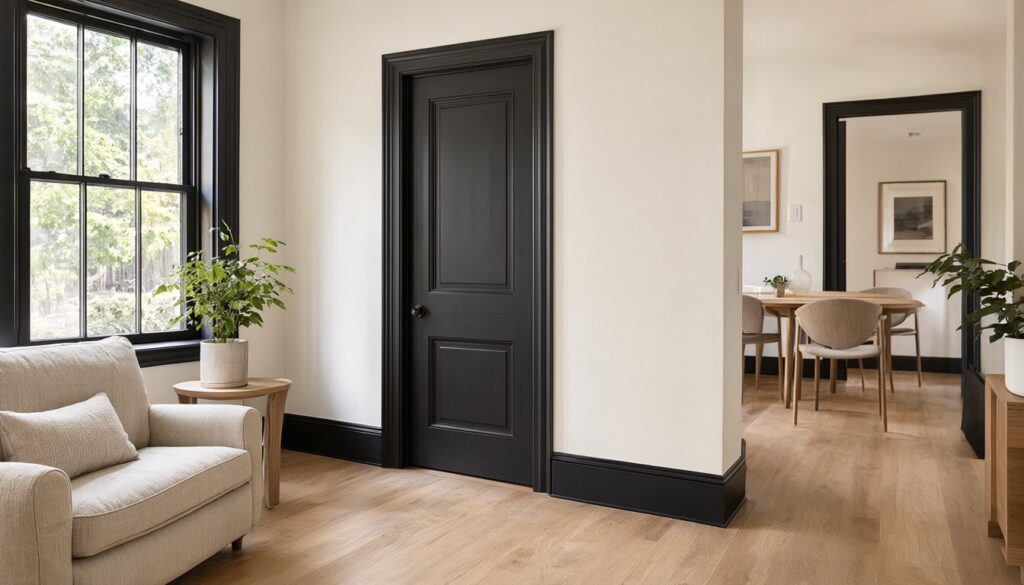 Warm white room with satin black baseboards, door and window casings, oak floor and linen armchair