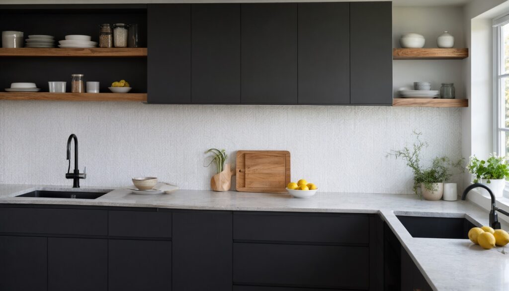 Kitchen with matte black cabinets, floating oak shelves, light stone counters and white tile backsplash