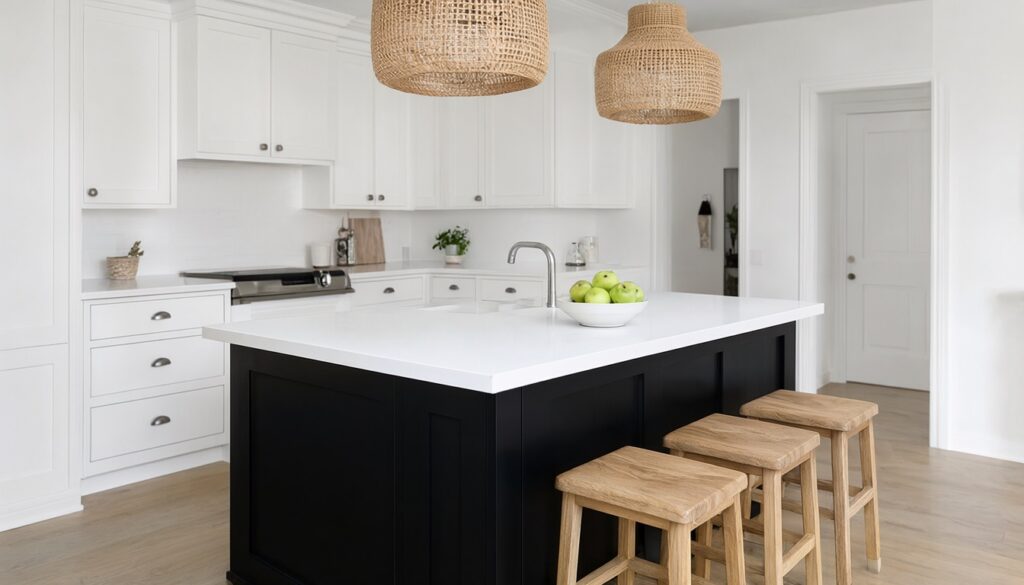 White kitchen with a black-painted island, white quartz top, oak stools and rattan pendants