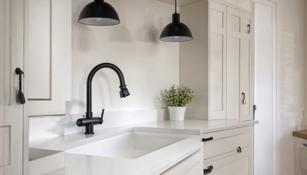 White shaker kitchen with matte black pulls, black gooseneck faucet and black dome pendants