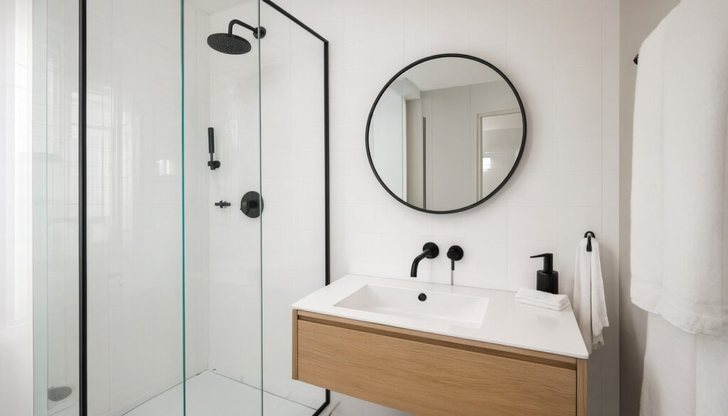 White bathroom with black-framed glass shower screen, black rain shower, oak vanity and black faucet