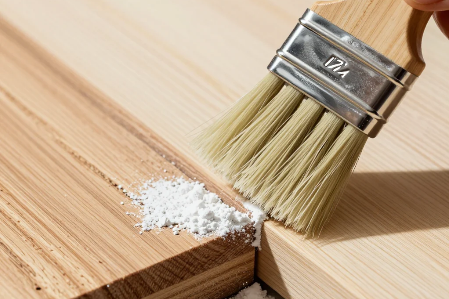 brushing white powder into the seam between two hardwood boards