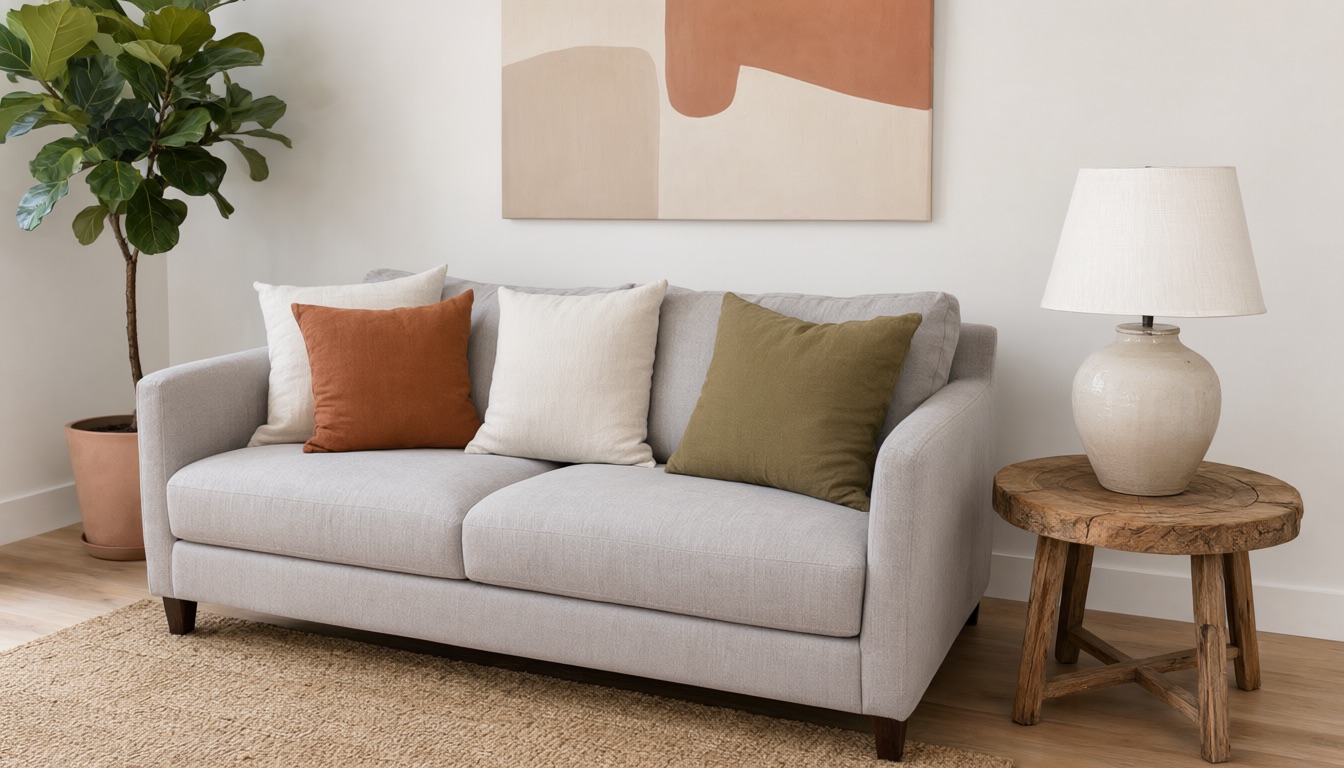Budget-friendly living room with a gray sofa, linen pillows, thrifted side table, lamp, large plant and big abstract canvas