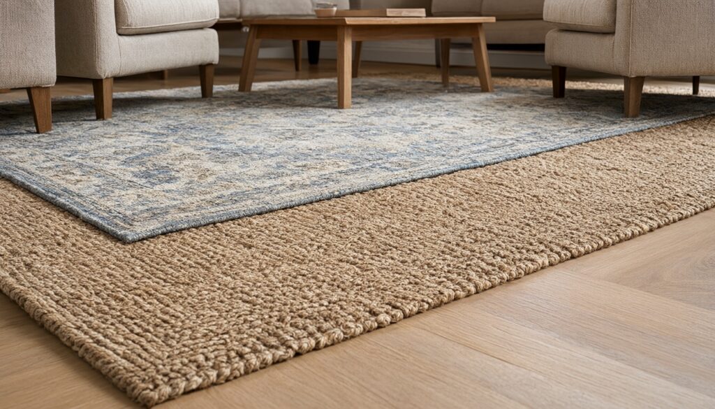Large jute rug layered with a smaller faded blue patterned rug under the front legs of a sofa and chairs