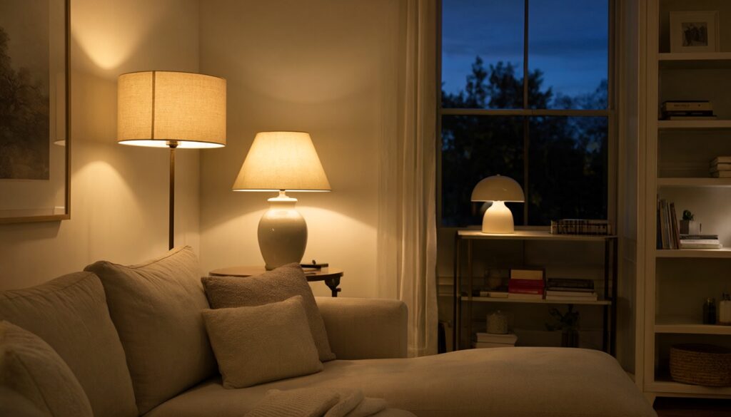 Evening living room lit only by a floor lamp, a table lamp and a small accent lamp at different heights