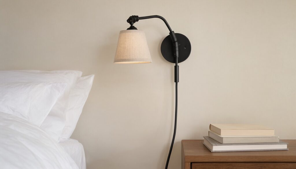 Plug-in black wall sconce beside a bed with its cord hidden in a cord cover painted to match the wall