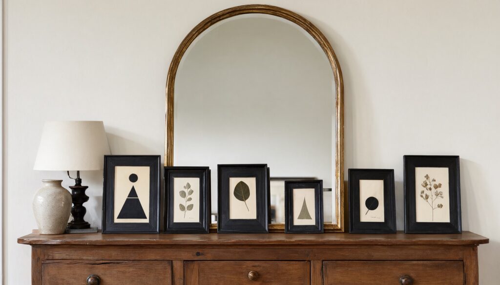 Thrifted arched mirror over a console with six mismatched frames painted matte black holding abstract art