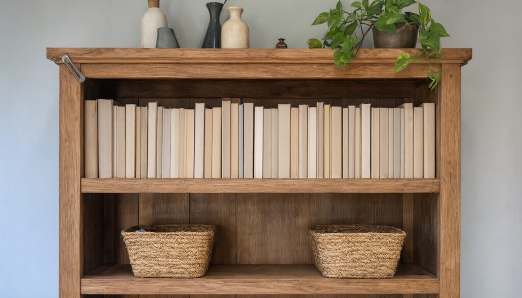 Secondhand oak bookcase styled with books, baskets and a trailing pothos, strapped to the wall at the top