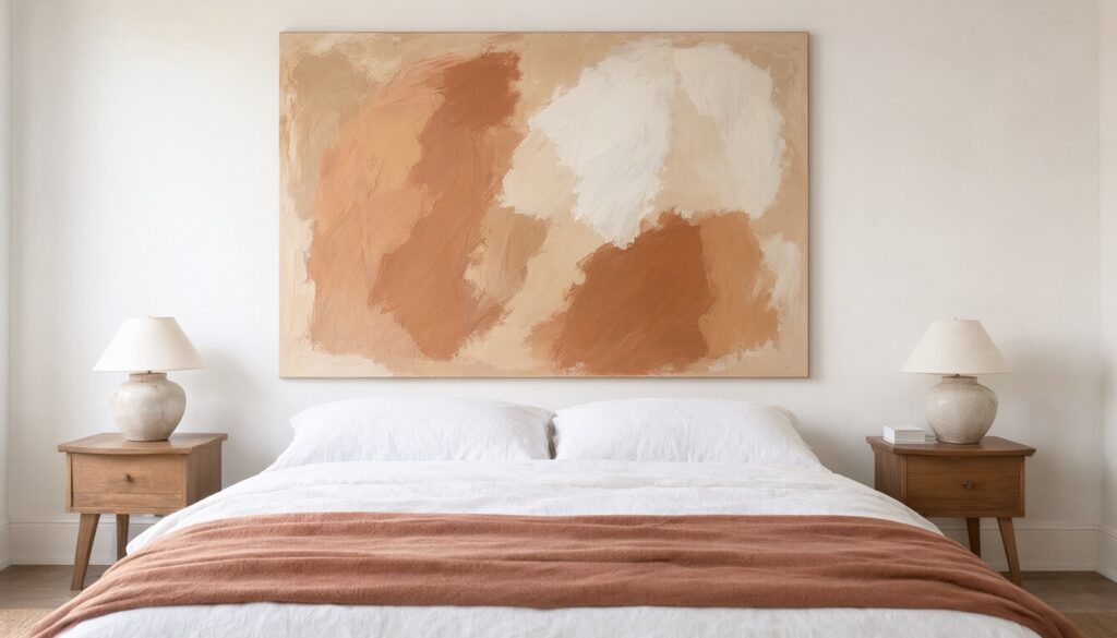 Large DIY abstract canvas in sand, terracotta and white hung above a bed with linen bedding