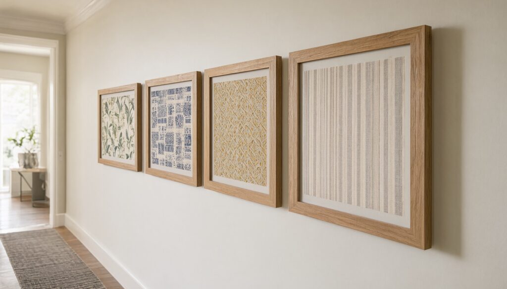 Grid of four oak frames holding patterned fabric and wallpaper samples on a hallway wall