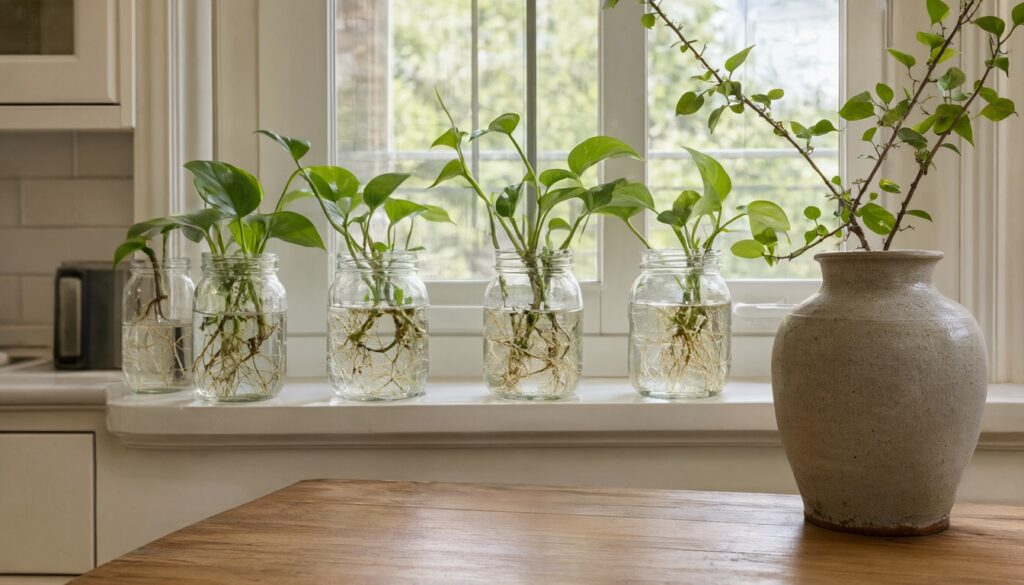 Pothos cuttings rooting in glass jars on a windowsill beside a tall vase of leafy cut branches