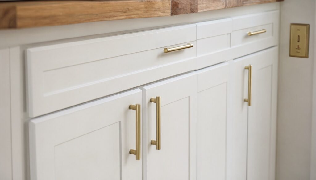 White shaker kitchen cabinets with new brushed brass bar pulls and a matching brass switch plate