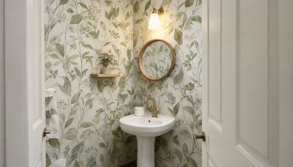 Small powder room with one green botanical wallpaper wall, a pedestal sink and a round wood mirror