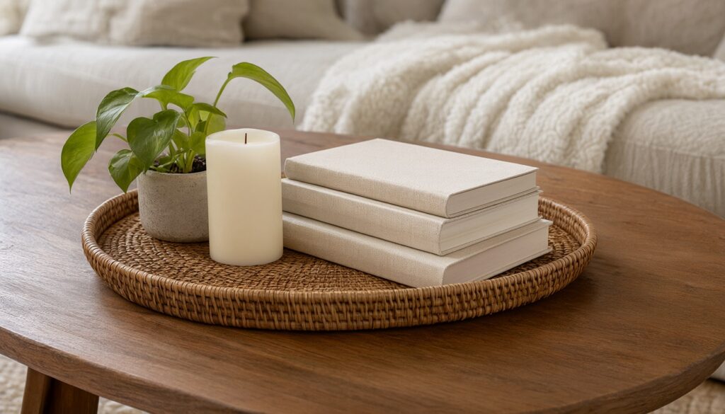 Edited coffee table with a rattan tray, candle, small pothos and a short stack of plain books