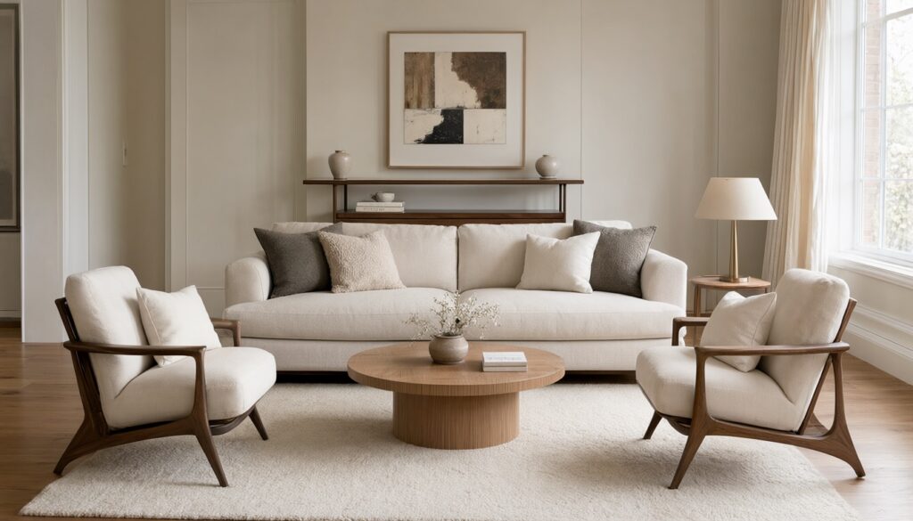 Living room with the sofa floated off the wall, a console table behind it and two chairs grouped around a rug