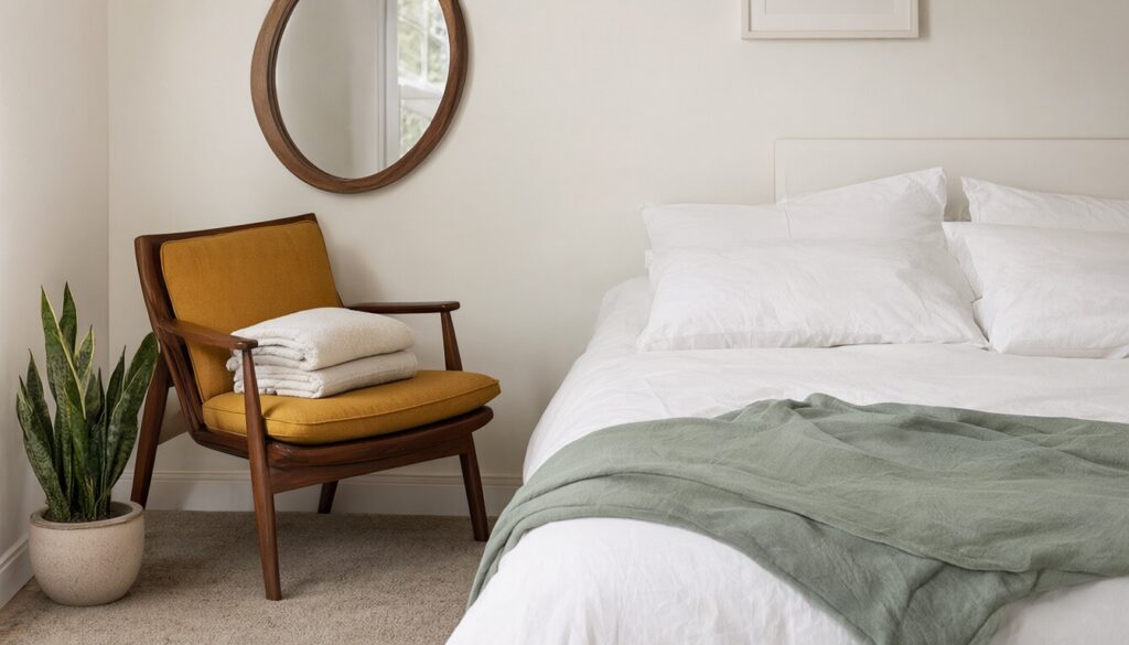 Bedroom corner with an armchair, a leaning round mirror and a snake plant moved in from other rooms