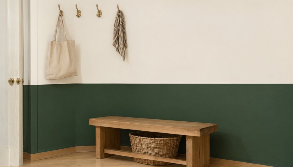 Entryway wall color-blocked deep green on the bottom half and white on top behind an oak bench